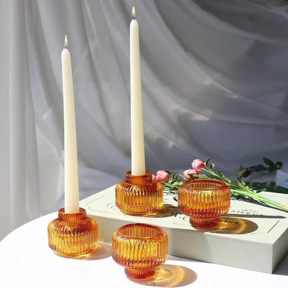 Amber‎ Glass Taper Candle Holders Set of 6 Ribbed Vintage Style Thanksgiving